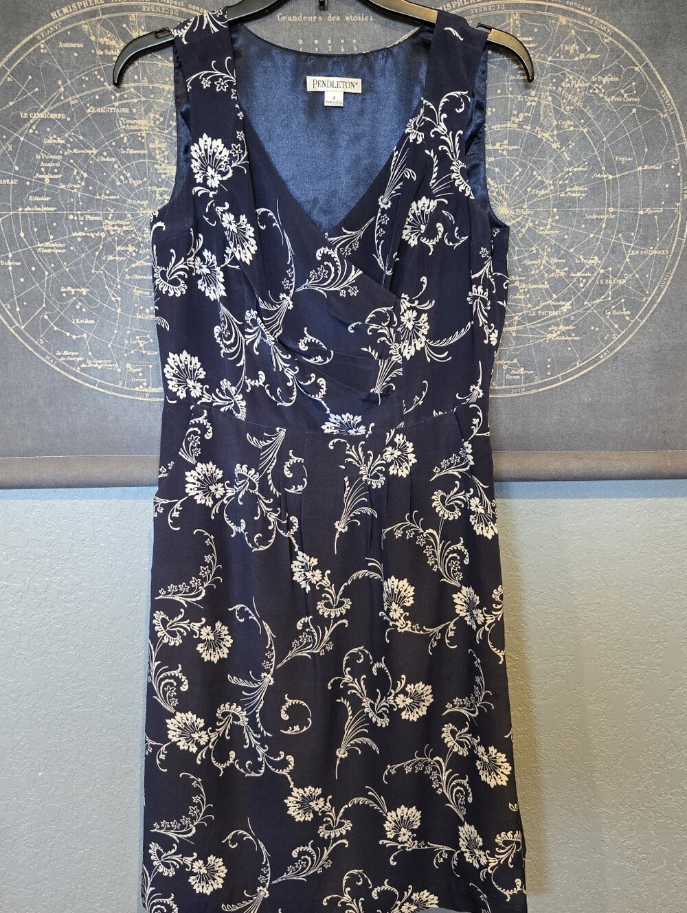 Pendleton Silk Navy and White Floral V-Neck Sleeveless Dress